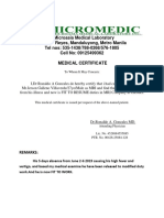 D'Microasia Medical Laboratory 913 A.T. Reyes, Mandaluyong, Metro Manila Tel Nos: 535-1438/788-0268/576-1805 Cell No: 09125499362 Medical Certificate