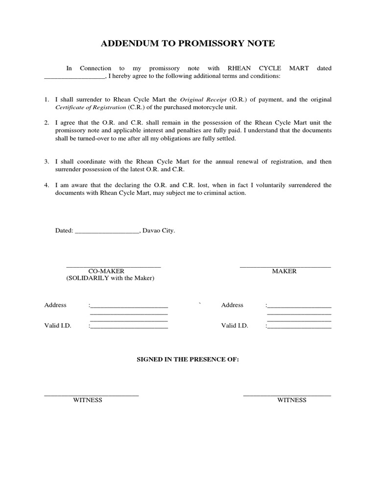 Addendum to Promissory Note Agreement | PDF