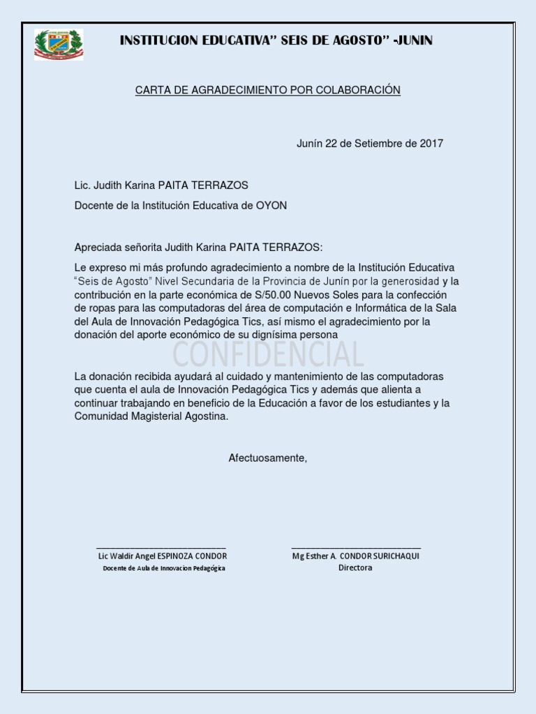 Carta De Agradecimiento Por Colaboración