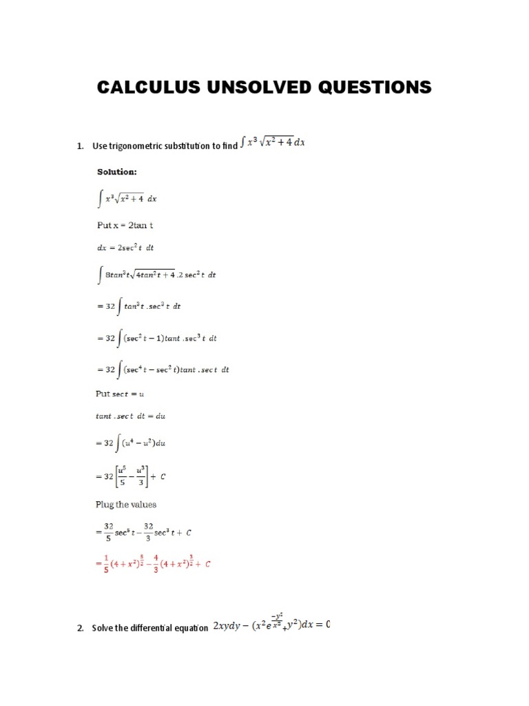 Calculus Unsolved Questions: 1. Use Trigonometric Substitution To Find ...