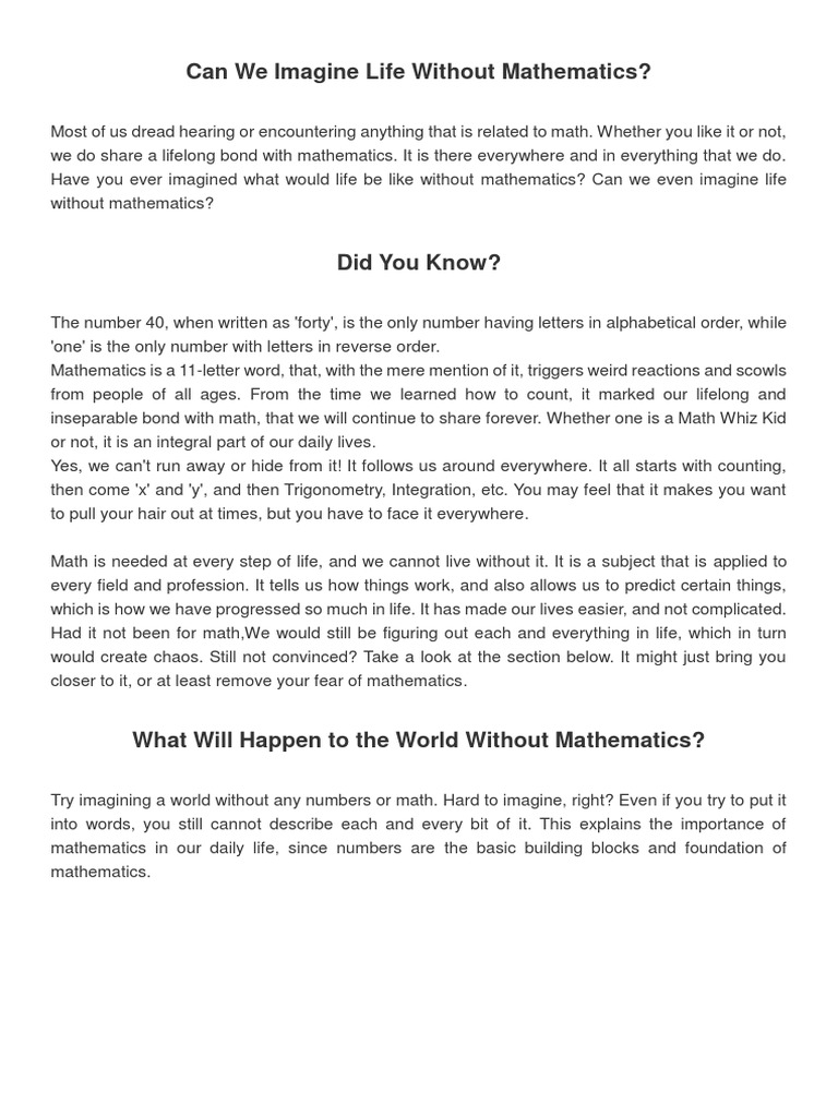 Can We Imagine Life Without Mathematics | PDF | Teaching Mathematics ...