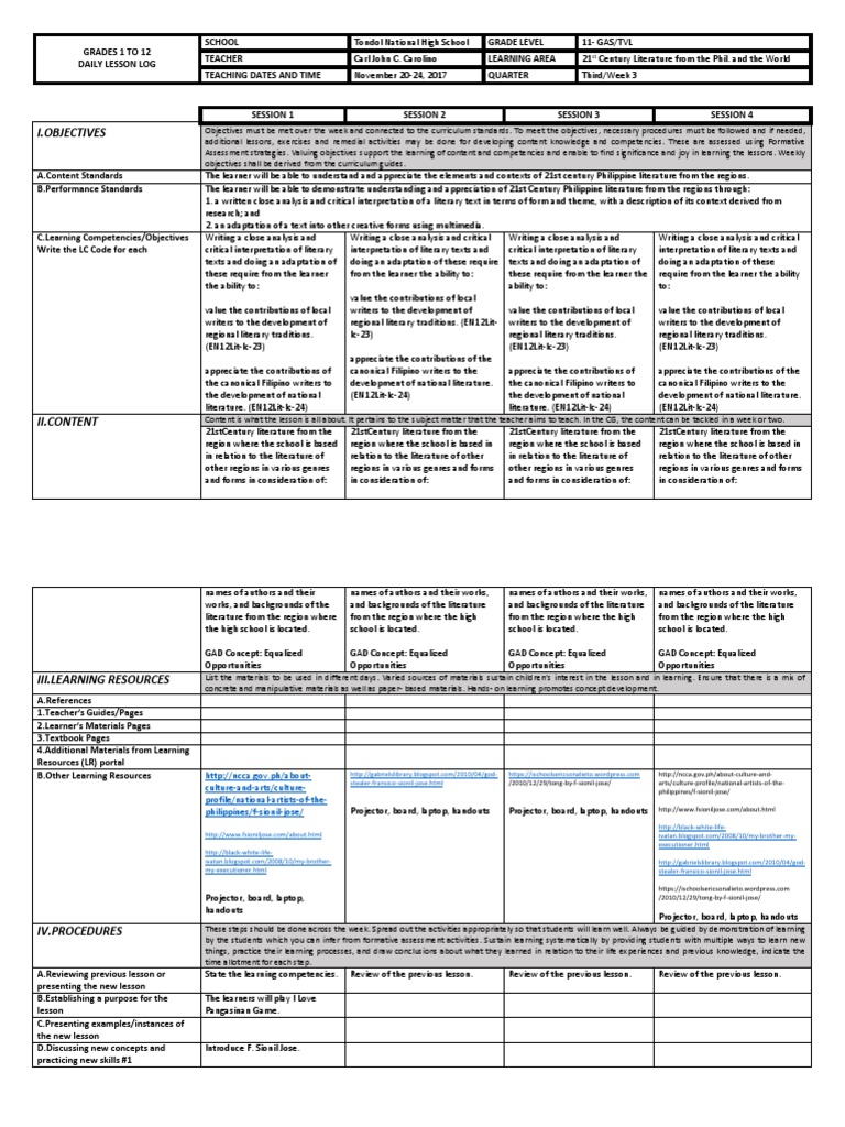 Daily Lesson Log: 21st Century Literature | PDF | Language Arts ...
