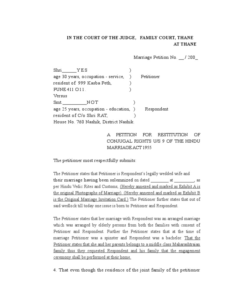 A Petition For Restitution of Conjugal Rights Us 9 | PDF | Marriage ...