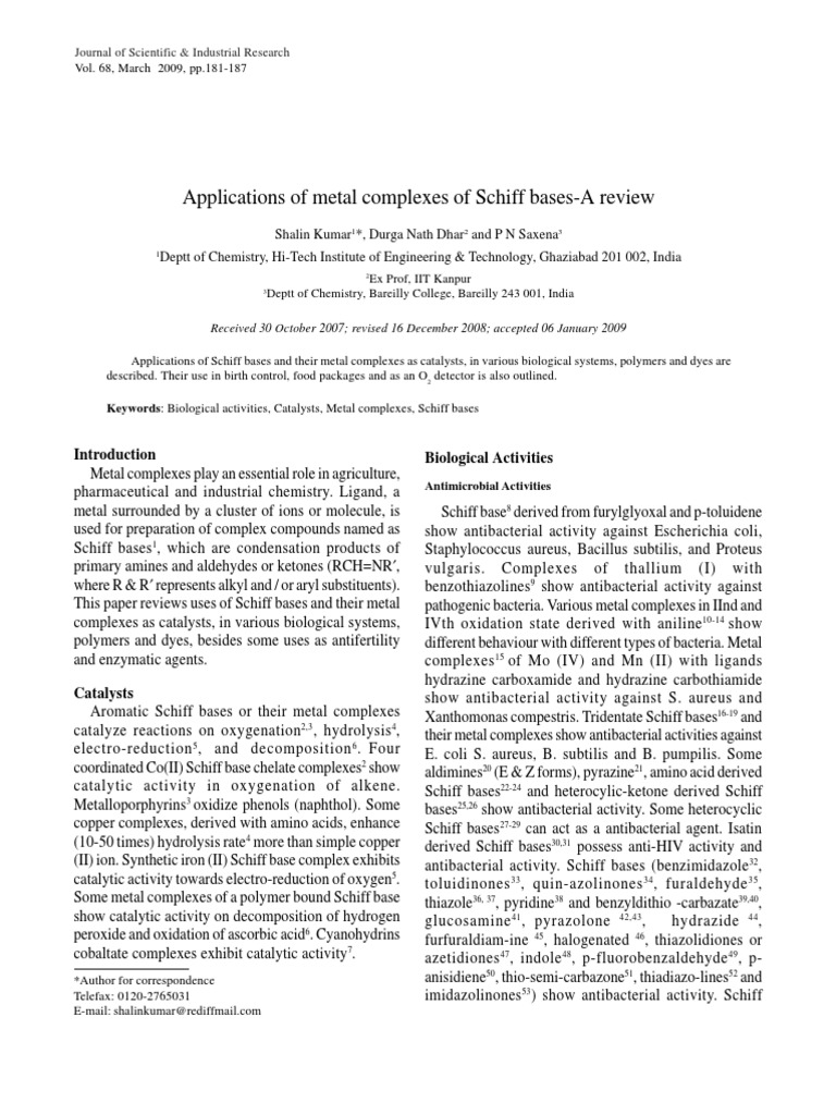 Applications of Metal Complexes of Schiff Bases-A Review | PDF ...
