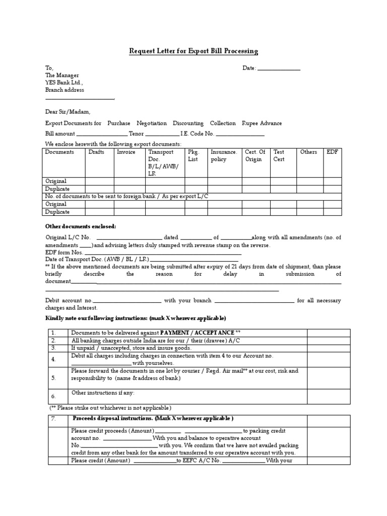 Request letter for export bill processing pdf invoice government
