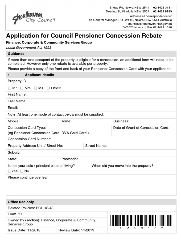 Application For Council Pensioner Concession Rebate Finance, Corporate