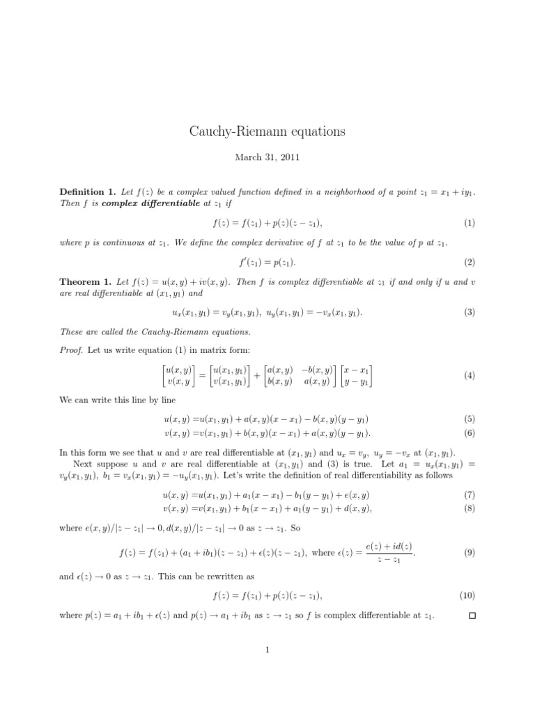 CauchyRiemann Equations March 31, 2011 PDF Differential Calculus
