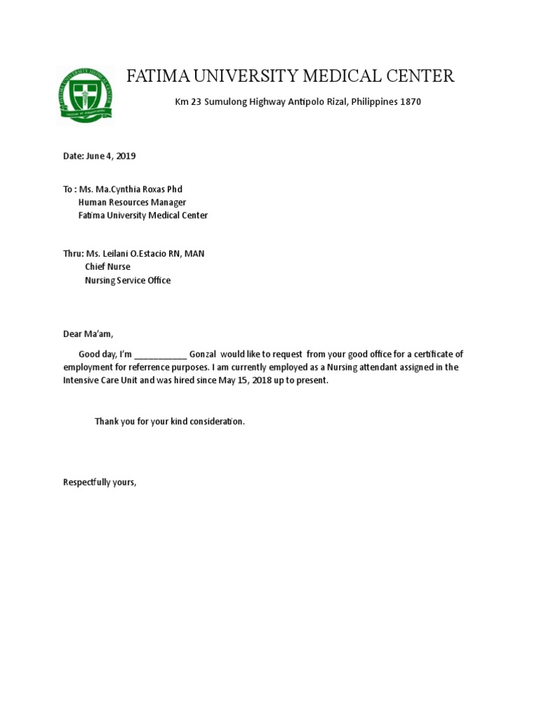 Sample Request For COE 2 PDF Employment Health Care