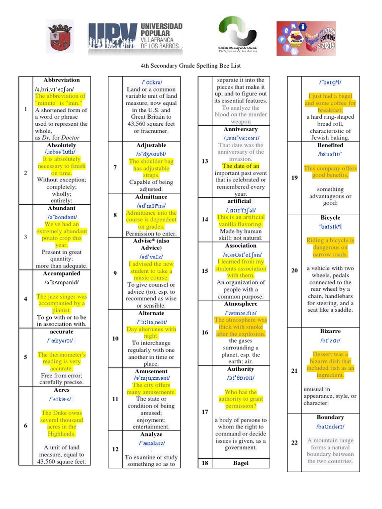 Spelling Bee List 4th Secondary Grade Pdf Lava Engineering