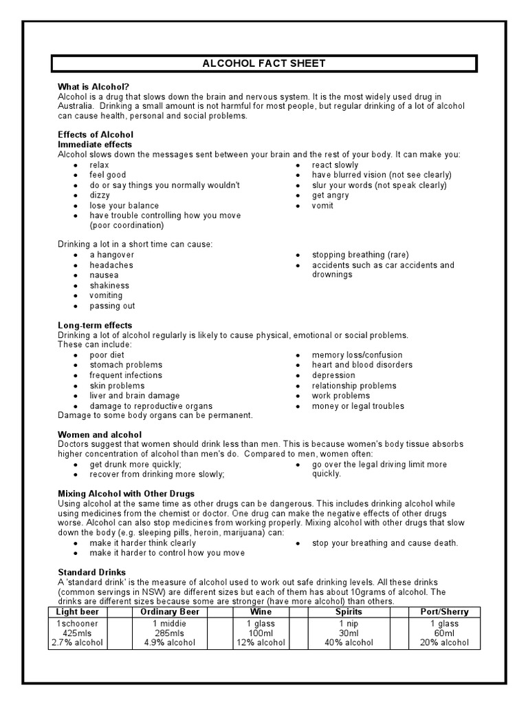 Alcohol Fact Sheet PDF Alcoholic Drinks Alcohol