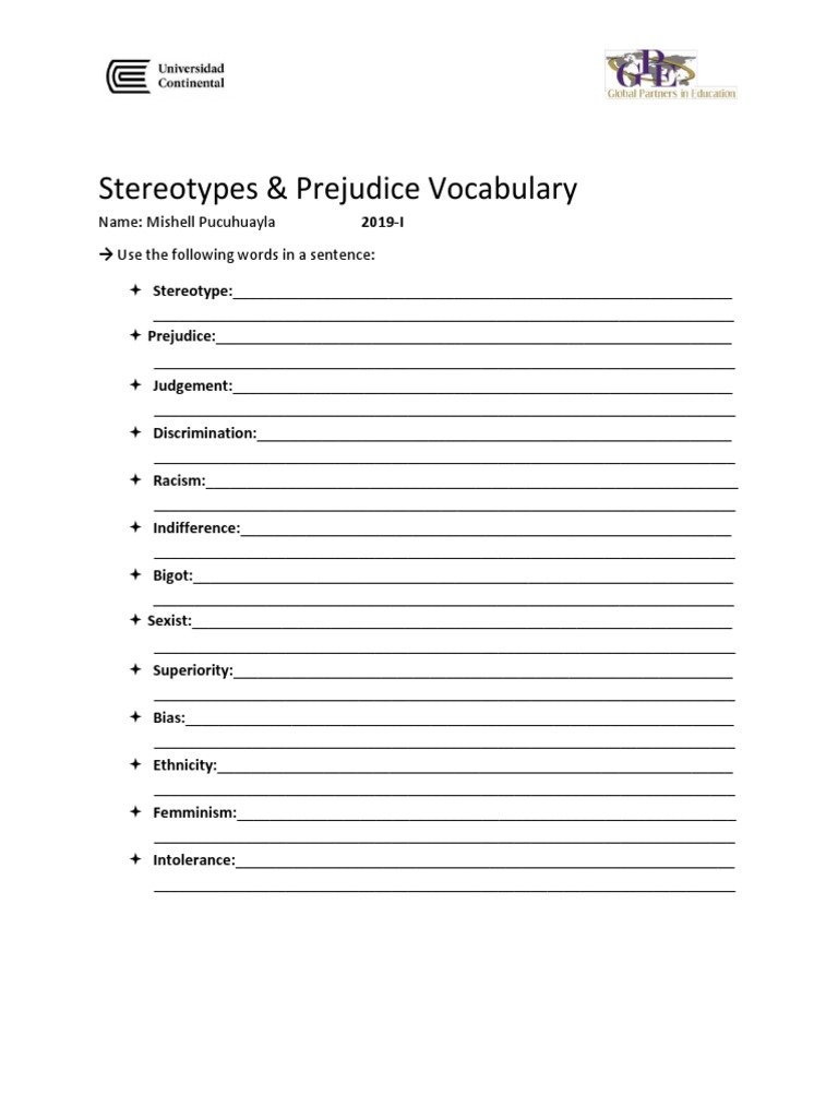 Stereotypes & Prejudice Vocabulary Use The Following Words in A