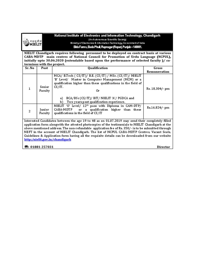 National Institute of Electronics and Information Technology, Chandigarh |  PDF | Vocational Education | Educational Stages