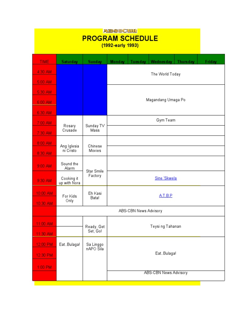 ABS CBN Schedule (1992 2003) PDF Television Series Television Shows