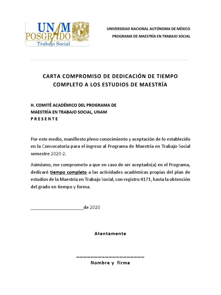 Compromiso de dedicación de tiempo completo a los estudios de maestría ...