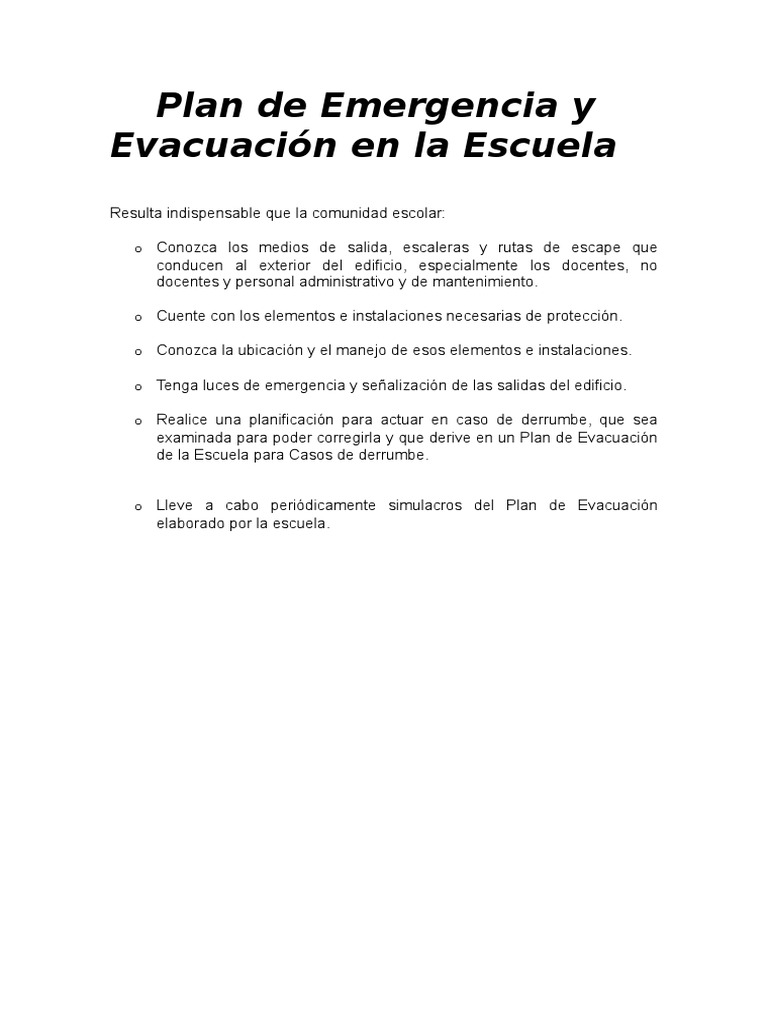 Plan de Emergencia y Evacuación Escolar | PDF | Defensa Civil | Simulación