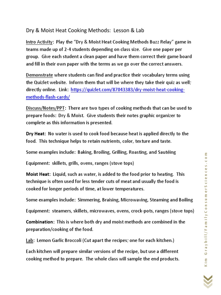 Dry Moist Cooking Methods Lesson and Quiz PDF Grilling Cooking