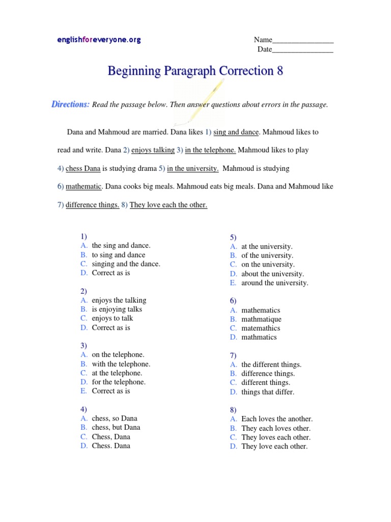 Beginning Paragraph Correction 8 | PDF