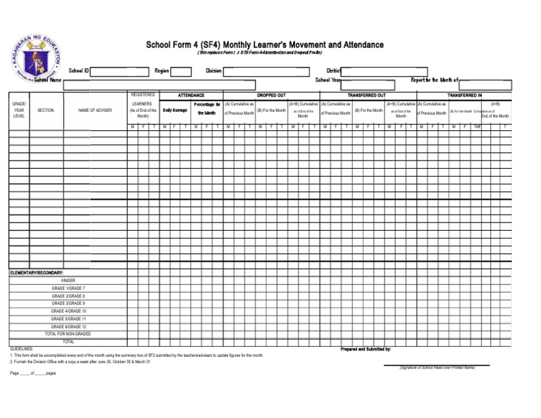 SF 4 Monthly Learner Movement and Attendance 1 | PDF | Behavior ...
