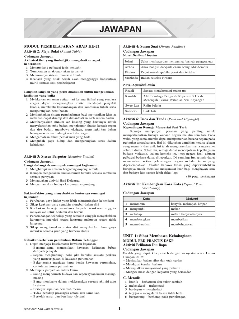 Jawapan Modul Aktiviti Pintar Bestari Bahasa Melayu Tingkatan 1  PDF