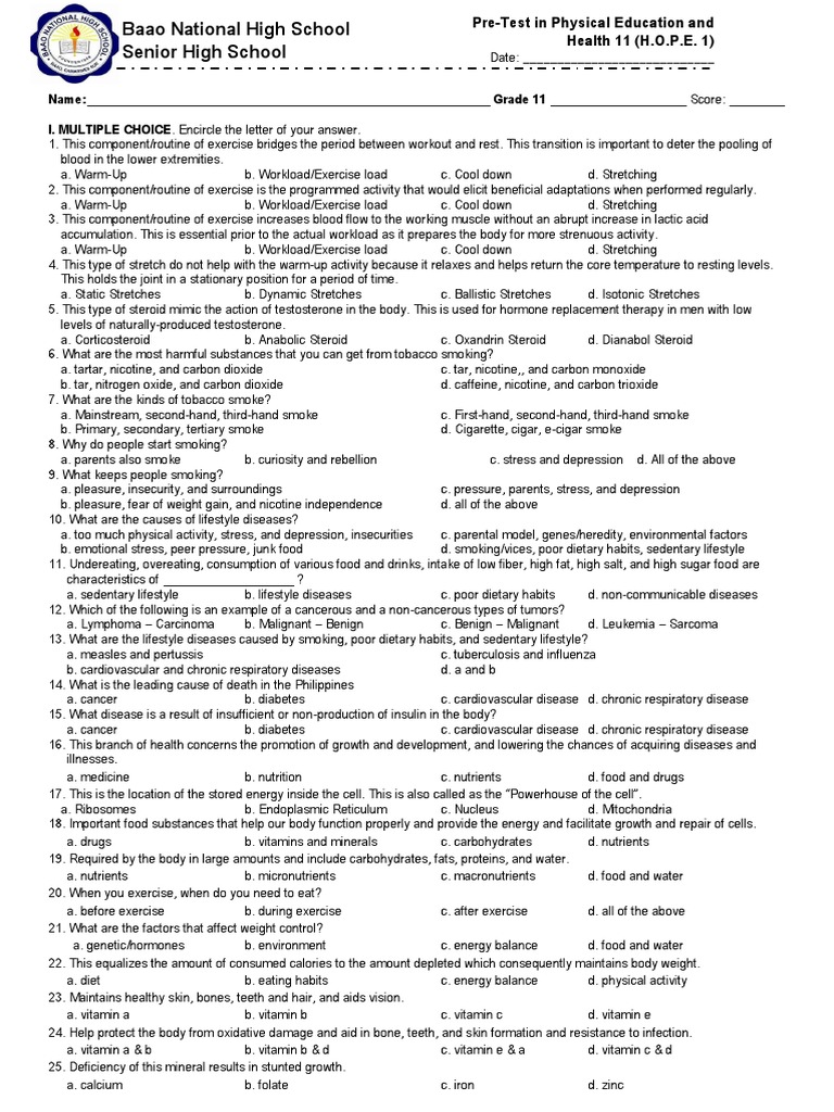 Grade 11 Physical Education Pre-Test | PDF | Nutrients | Vitamin A