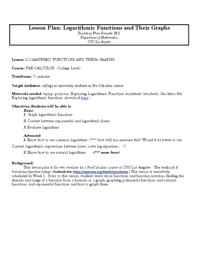 Logarithmic Lesson Plan PDF Precalculus Function (Mathematics)