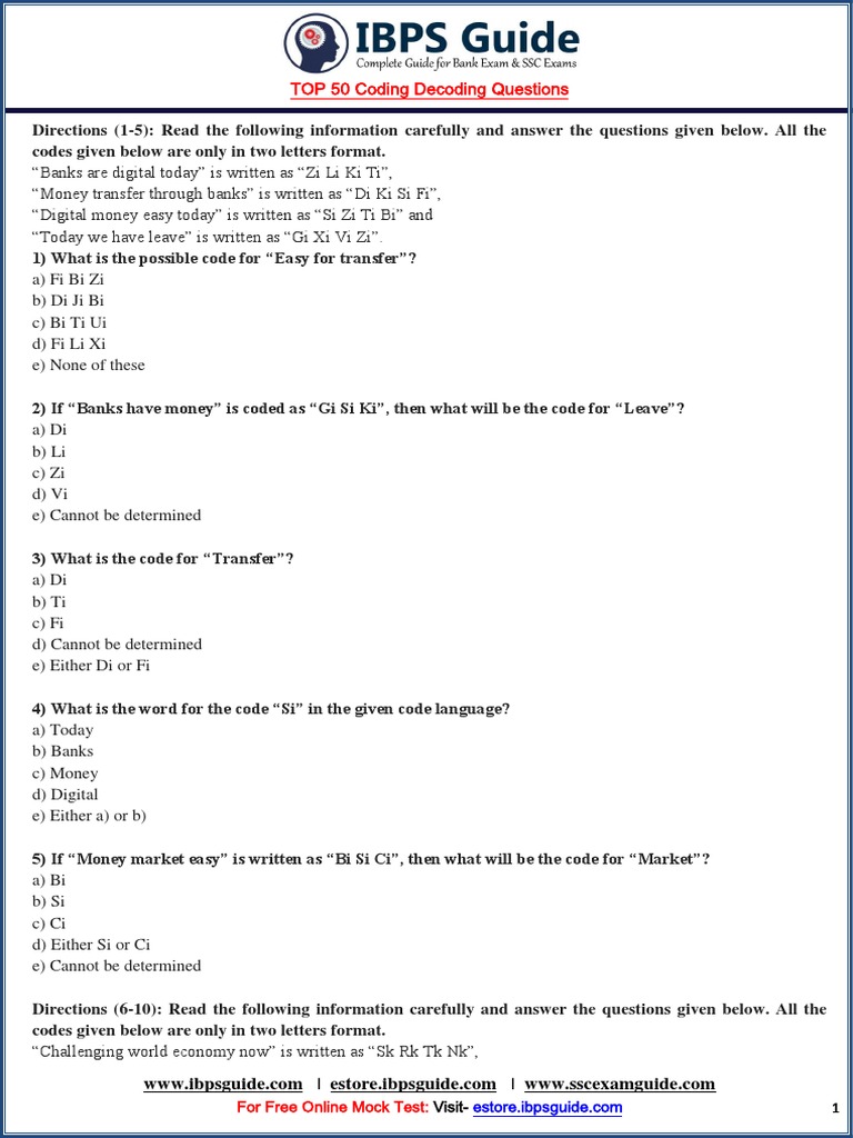 TOP 50 Coding Decoding Questions For IBPS Clerk Exams | PDF | Consonant ...