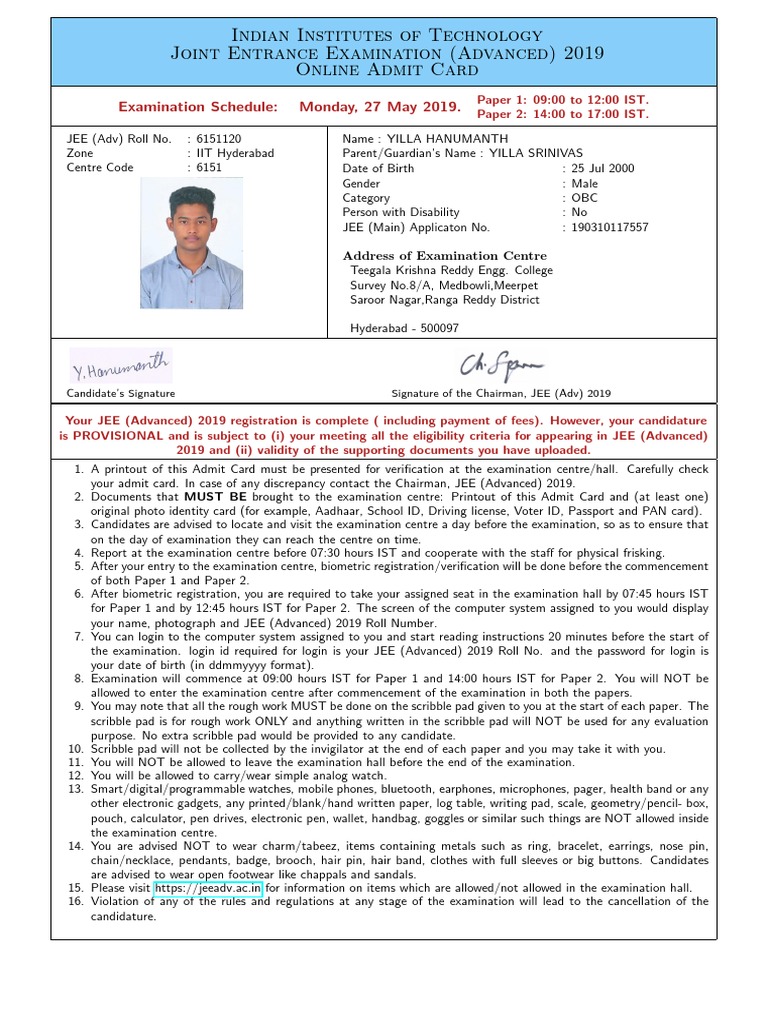JEE Advanced 2019 Admit Card | PDF | Identity Document | Government And ...