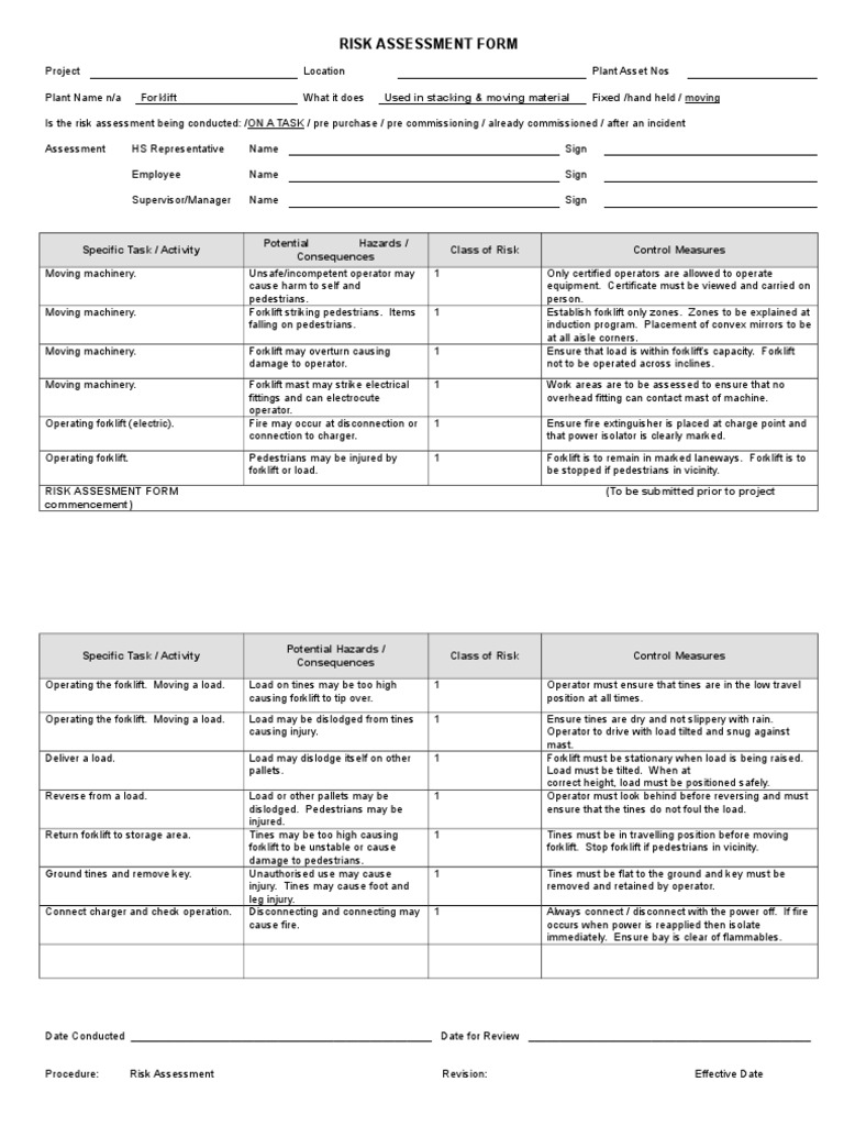 Forklift Risk Assessment Template | PDF | Forklift | Risk Assessment