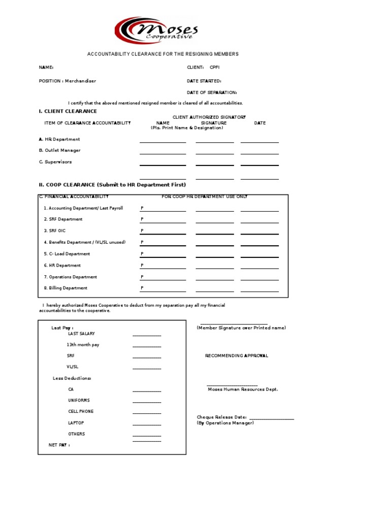 Clearance Form PDF Payments Employment