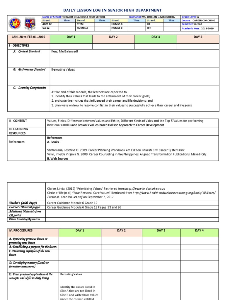 Career Coaching Jan 21-25, 2019 Daily Lesson Log in Senior High ...