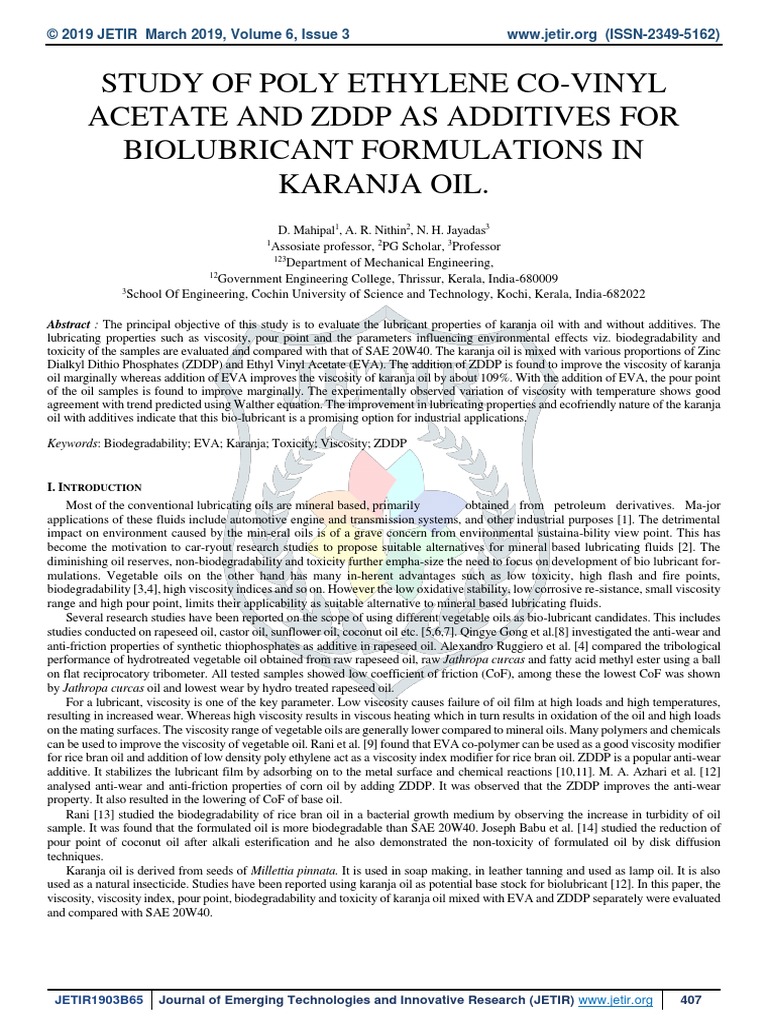Study of Viscosity Modifiers On Karanja Oil PDF Lubricant Differential Scanning Calorimetry