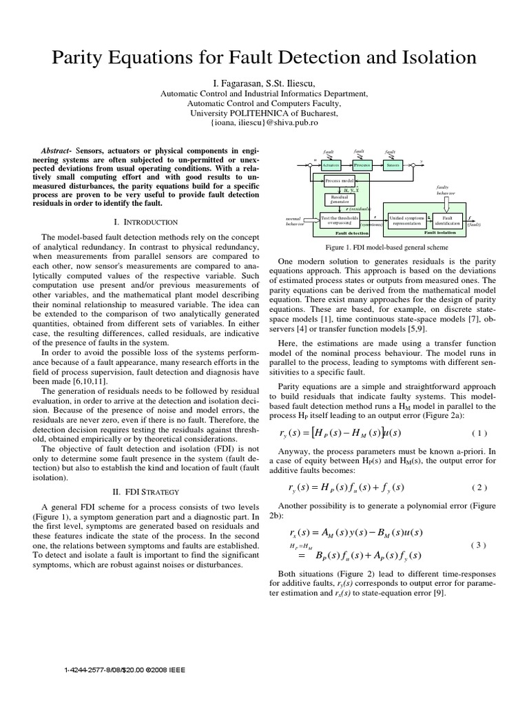 Parity Equations For Fault Detection and Isolation: I. Fagarasan, S.St ...