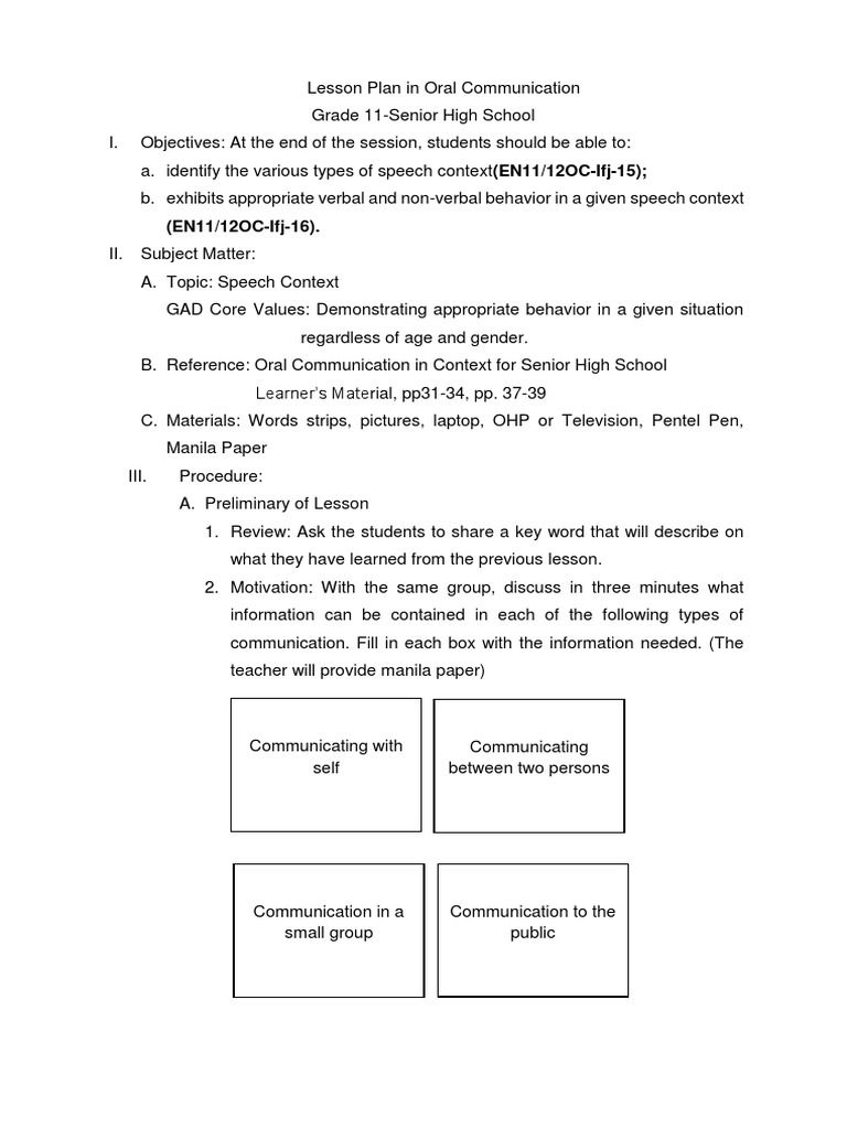 Grade 11 Oral Communication Lesson Plan | PDF | Interpersonal ...