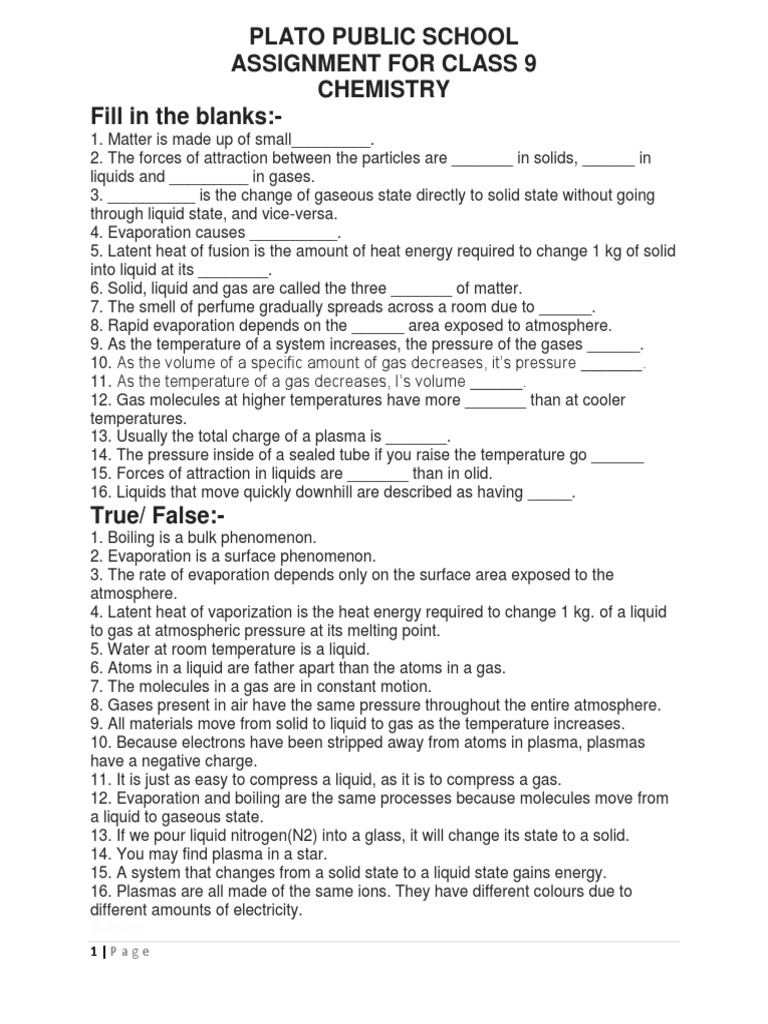 Chemistry assignment for class 9 picture