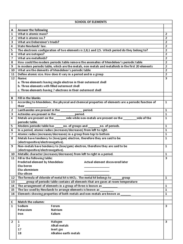 School of Elements A Answer The Following | PDF | Periodic Table ...