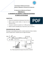 Guía Laboratorio Mecánica Fluidos II: Gradiente Presión, Perfil Velocidad