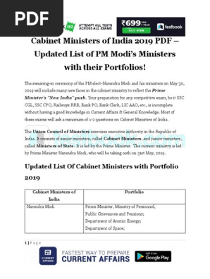 Cabinet Ministers Of India 2019 Pdf Updated List Of Pm Modi S