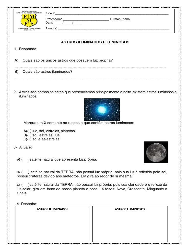 Astros Luminosos e Iluminados 3º Ano | PDF | Lua | Astronomia