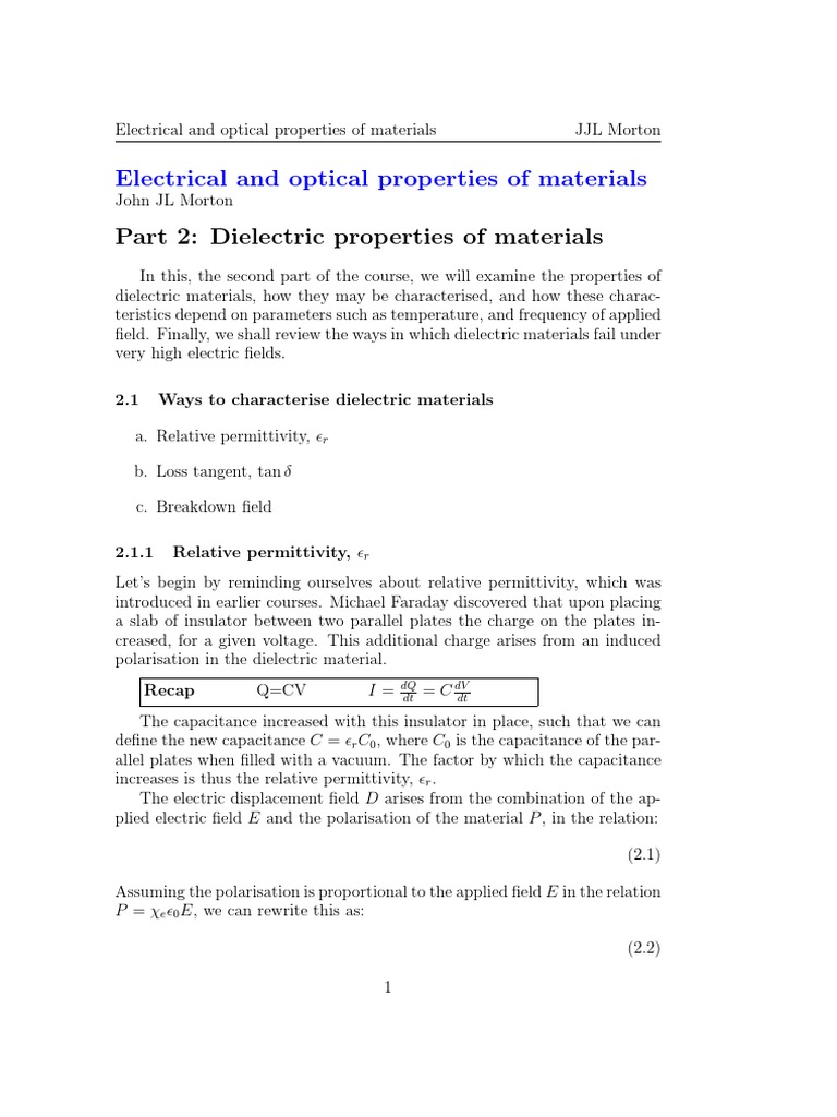 Dielectric Properties of Materials | PDF | Dielectric | Capacitor