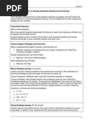 Lesson 3. Lesson Plan Solving Quadratic Equations by Factoring