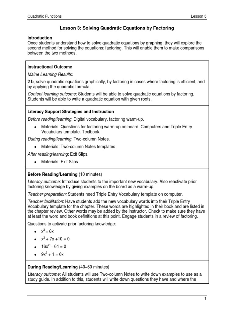 Lesson 3. Lesson Plan Solving Quadratic Equations by Factoring PDF ...