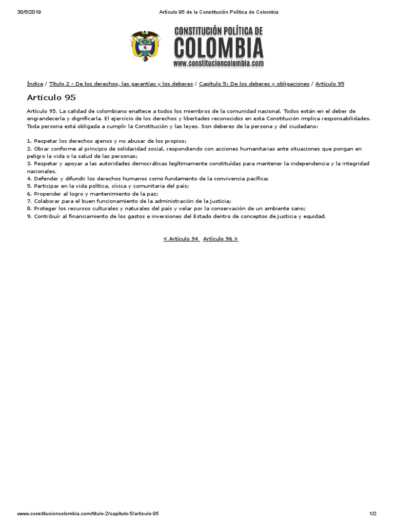 Artículo 95 de La Constitución Política de Colombia | PDF