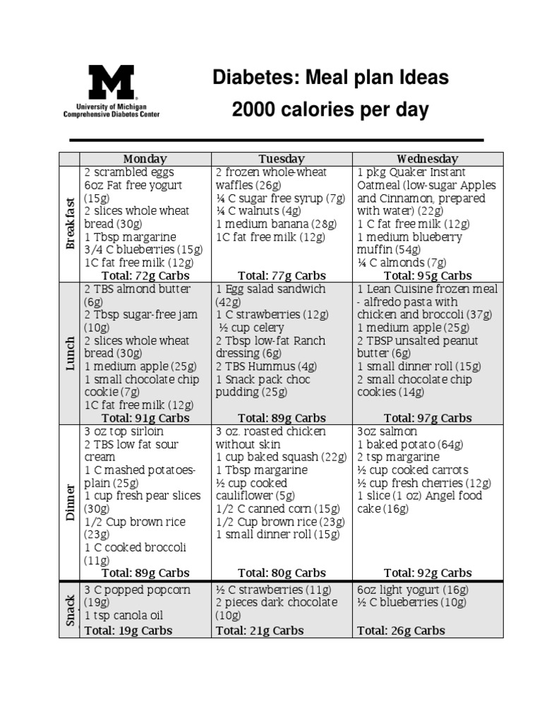 Diabetes: Meal Plan Ideas 2000 Calories Per Day | PDF | French Fries | Salad