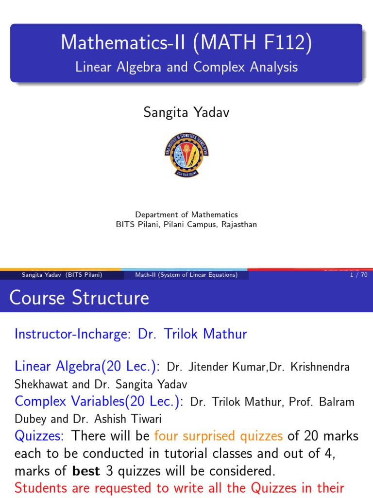 Mathematics-II (MATH F112) : Linear Algebra and Complex Analysis | PDF ...