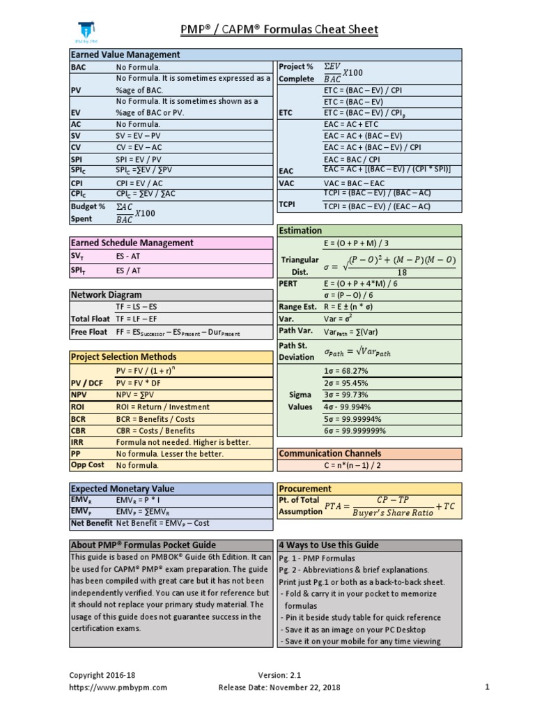 Pmp Formulas Cheat Sheet Pdf Net Present Value Discounted Cash Flow