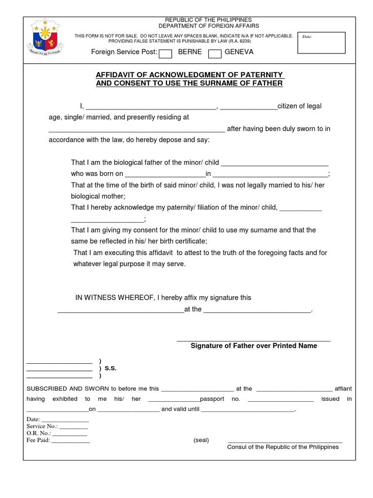 Affidavit of Acknowledgment of Paternity and Consent To Use The Surname ...