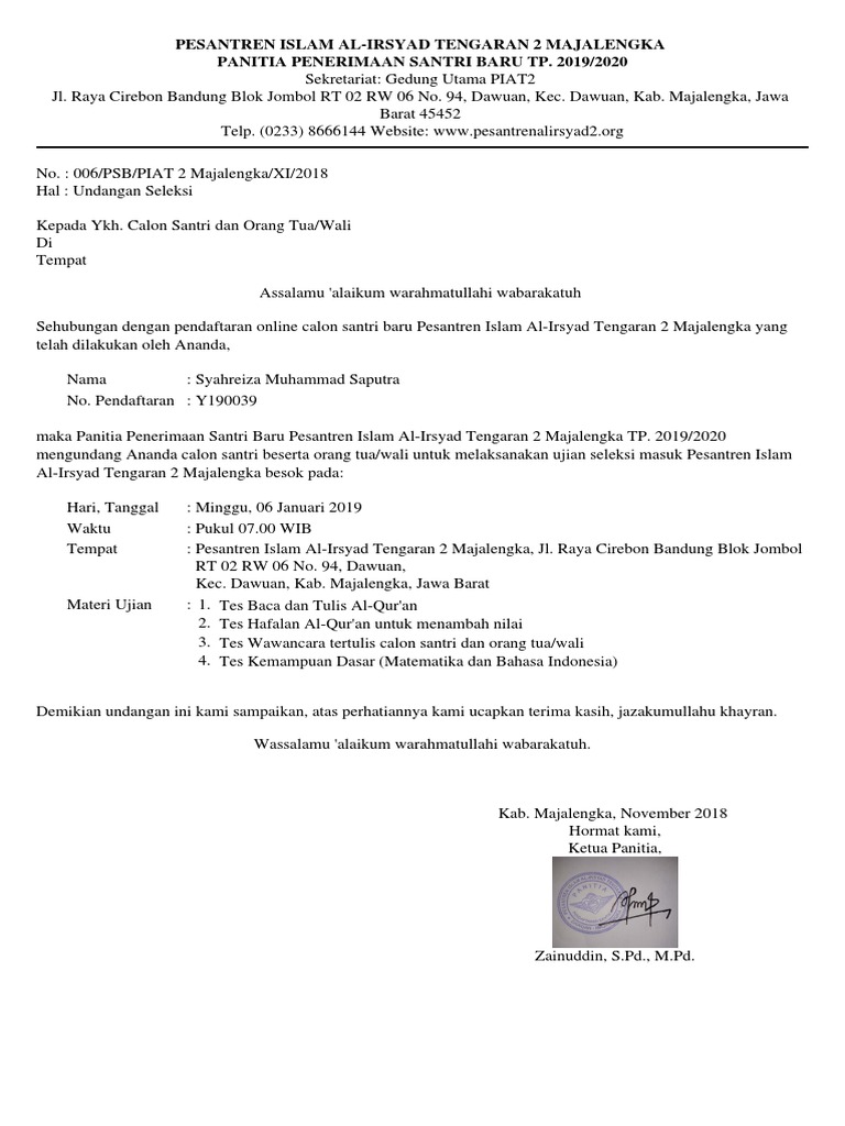 Undangan Seleksi Al Irsyad