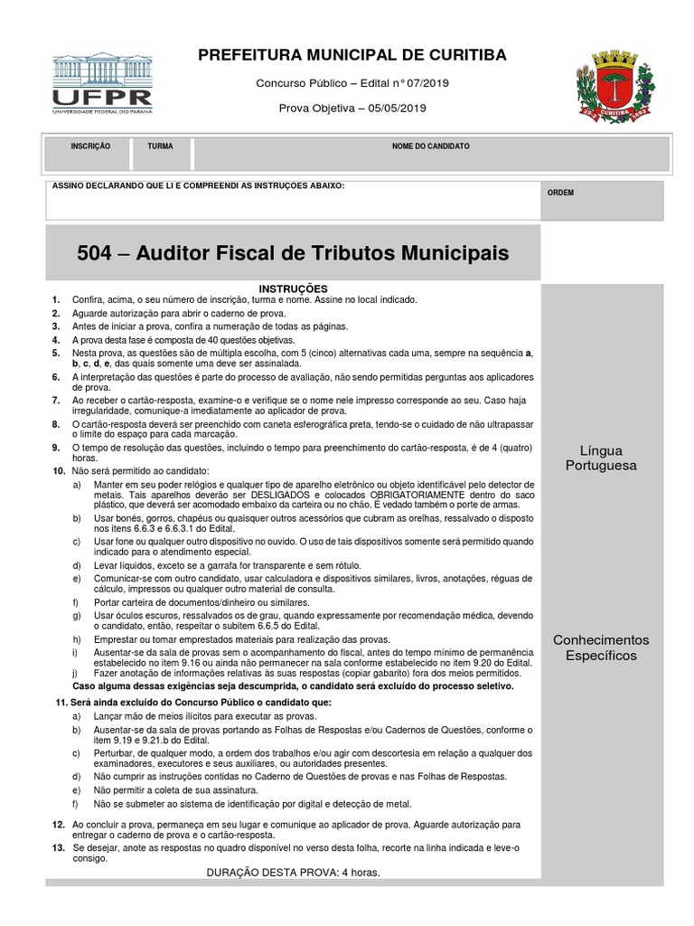 Prova Auditor Fiscal - Curitiba | PDF | Impostos | Contabilidade