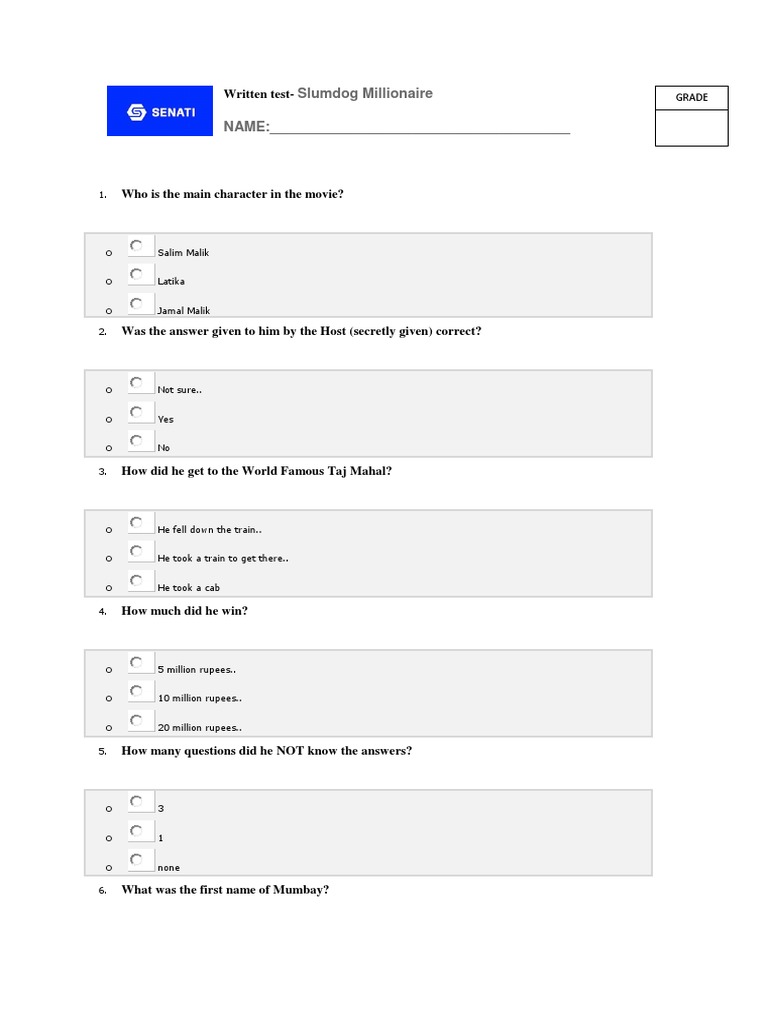 Slumdog Millionaire Quiz Questions PDF