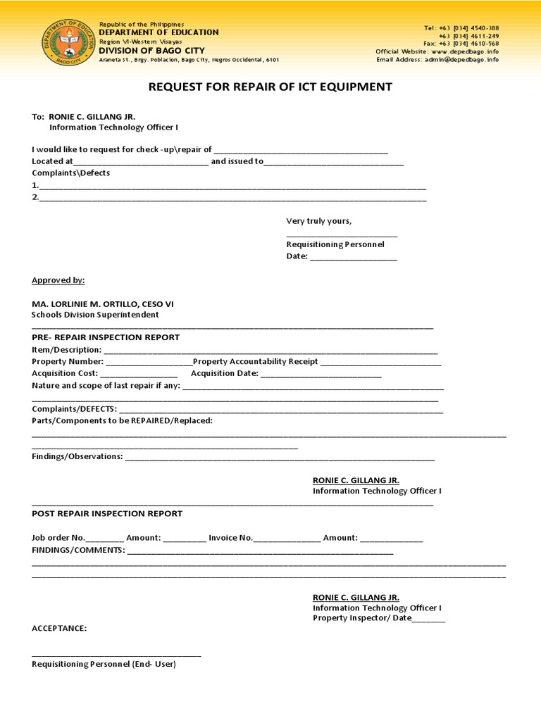 ICT Equipment Repair Request Form | PDF | Service Industries ...